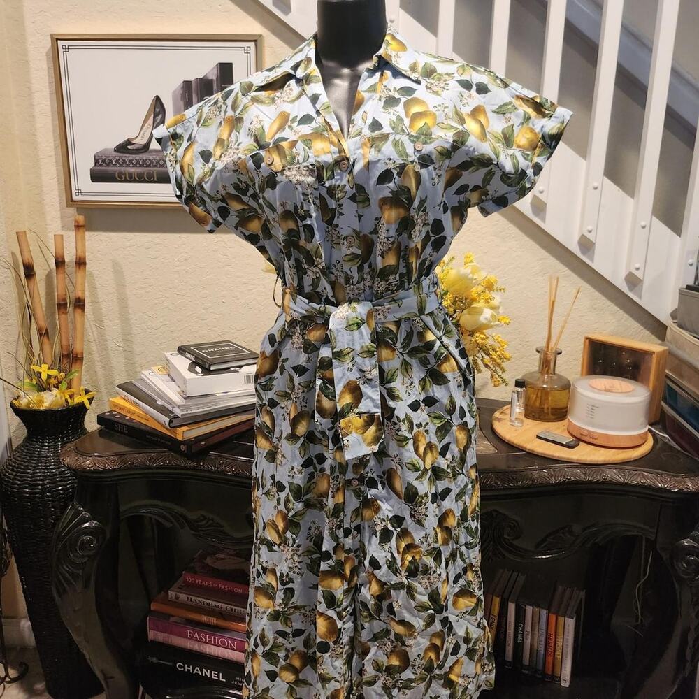 Zara Lemon Print Midi Dress with Belt